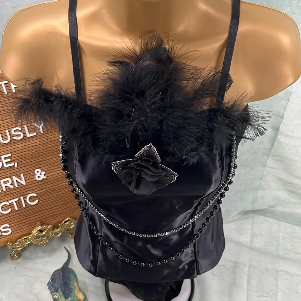 Leo’s Dancewear Black Leotard Unitard with Beads & Feathers | 12A